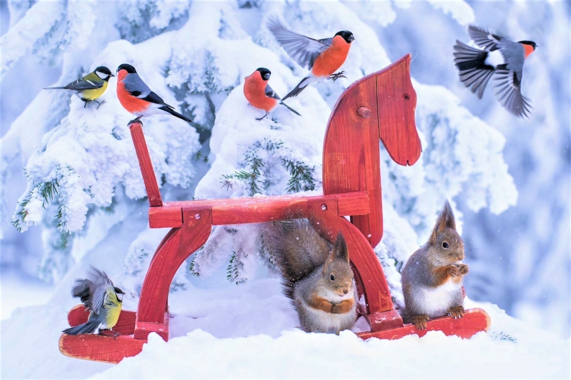 Bullfinches and Squirrels on Rocking Horse