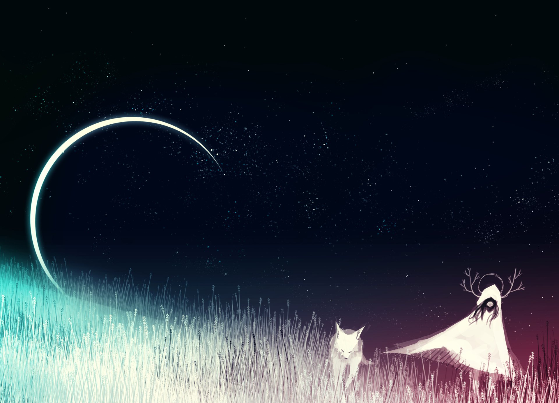 HD fantasy PC wallpaper featuring a mystical woman spirit and a glowing white fox under a crescent moon in a starry night sky above a glowing field.
