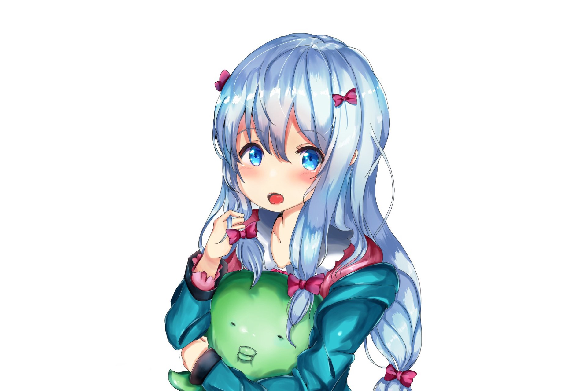 HD anime desktop wallpaper featuring Sagiri Izumi from EroManga-Sensei, showcasing her with long blue hair and a green plush toy.