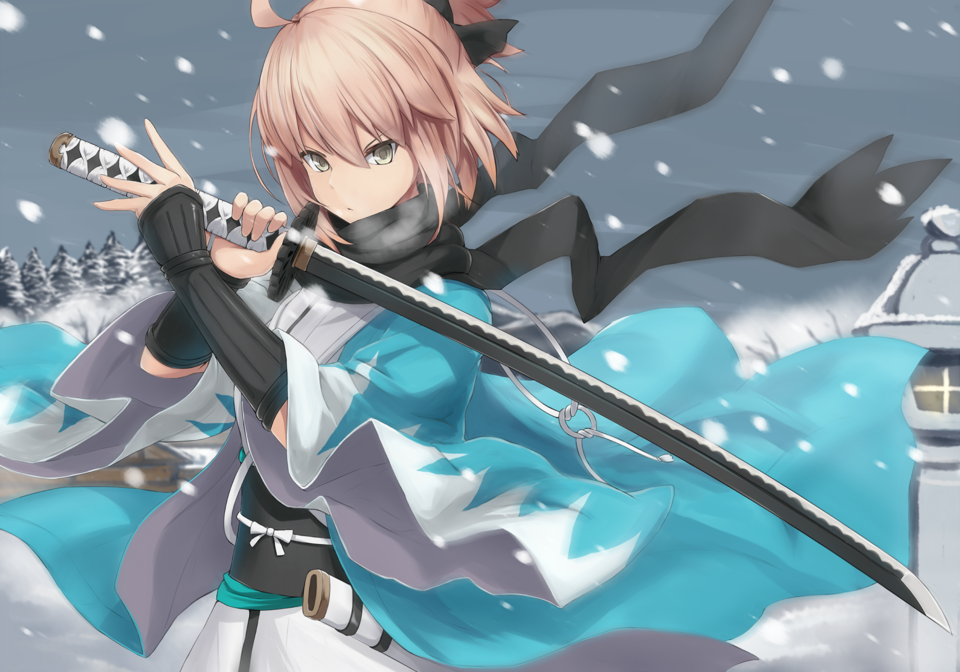 HD PC desktop wallpaper featuring Sakura Saber from the anime Fate/Grand Order, wielding a sword in a snowy landscape with a determined expression.