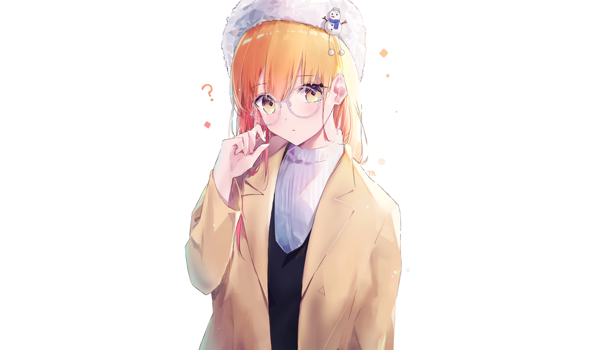 HD anime-style original artwork of a thoughtful girl with orange hair, glasses, and a small bird on her head, set against a clean white background for desktop wallpaper.