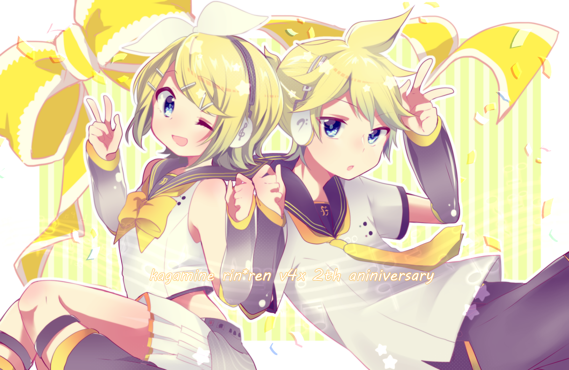 HD PC desktop wallpaper background showing anime Vocaloid duo Rin Kagamine and Len Kagamine posing playfully amid bright yellow accents.