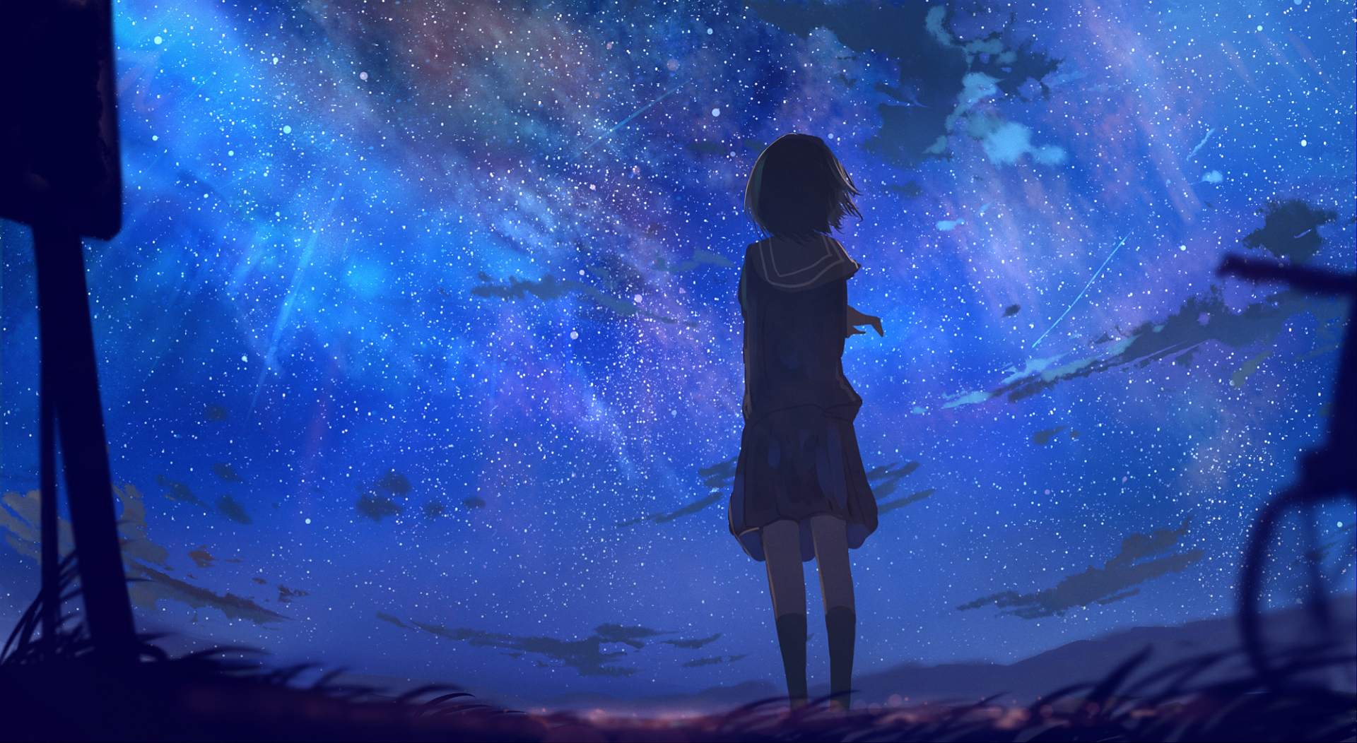 Anime-style HD desktop wallpaper featuring a lone figure silhouetted against a vibrant, star-filled night sky in an original artwork.