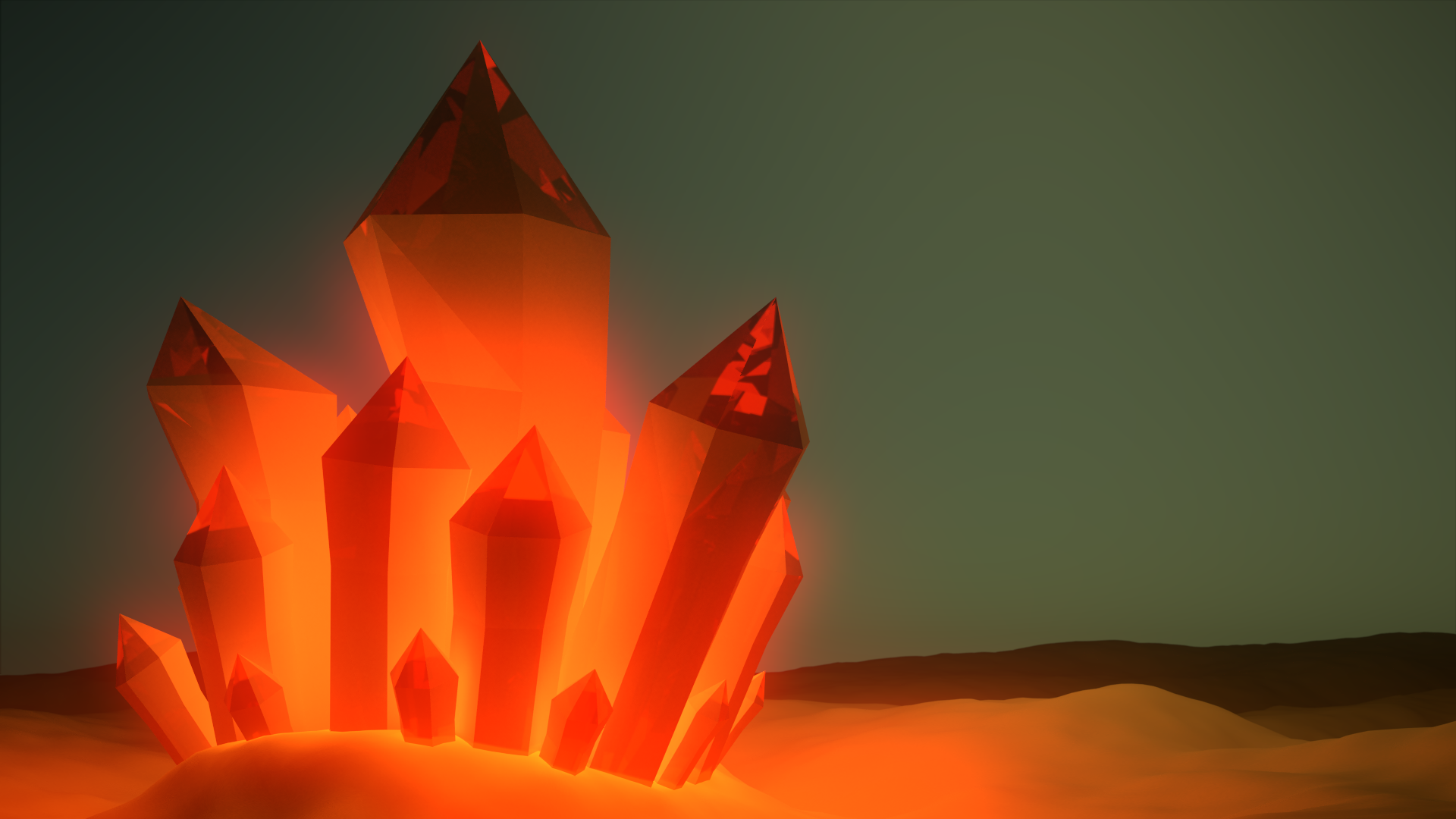 Artistic orange crystal cluster glowing on sand at dusk — Blender-rendered HD PC desktop wallpaper/background.