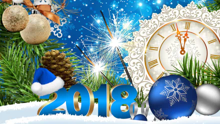 HD desktop wallpaper featuring a festive New Year 2018 theme with a blue and silver color scheme, a decorative clock, snowflakes, pinecones, holiday ornaments, and a Santa hat.