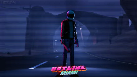 4K Ultra HD desktop wallpaper featuring a character from the video game Hotline Miami, standing on a dimly lit road with neon accents and a retro aesthetic.