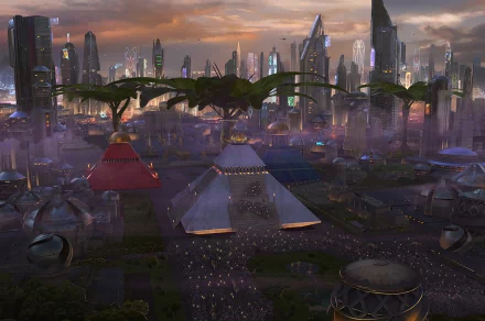 Futuristic sci-fi cityscape at dusk with towering skyscrapers, sleek flying vehicles, and vibrant structures, captured in high-definition for a PC desktop wallpaper.