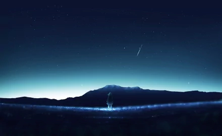 Anime-style HD wallpaper depicting a tranquil night scene with a lake, a distant tree, mountains under a starry sky with a shooting star.
