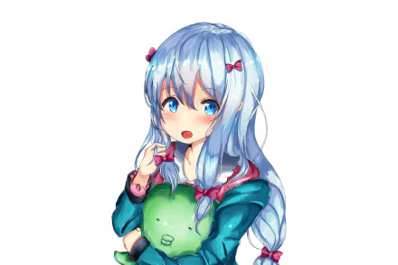 HD anime desktop wallpaper featuring Sagiri Izumi from EroManga-Sensei, showcasing her with long blue hair and a green plush toy.
