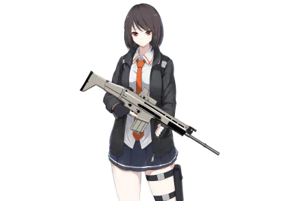 Anime original HD PC desktop wallpaper/background: dark‑haired schoolgirl in a jacket and orange tie holding a modern rifle, standing against a plain white background.