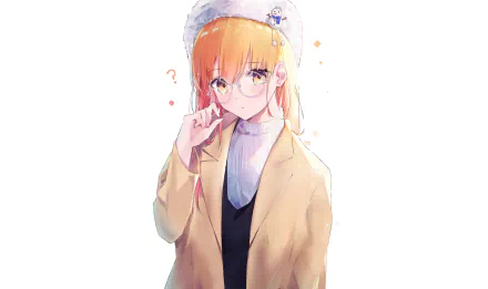 HD anime-style original artwork of a thoughtful girl with orange hair, glasses, and a small bird on her head, set against a clean white background for desktop wallpaper.
