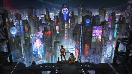A striking cyberpunk cityscape showcasing a vibrant, futuristic city filled with towering skyscrapers and neon lights. Two figures overlook the bustling scene, immersed in a sci-fi atmosphere.