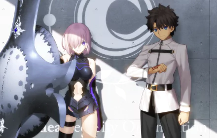 HD wallpaper featuring Fujimaru Ritsuka (Male) and Mashu Kyrielight (Shielder) from Fate/Grand Order. The anime characters stand confidently in bright lighting, with a large shield on the left.