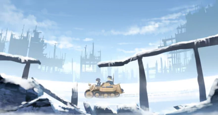 HD anime desktop wallpaper featuring Yuuri and Chito from Girls' Last Tour riding a tank through a snowy, post-apocalyptic cityscape.