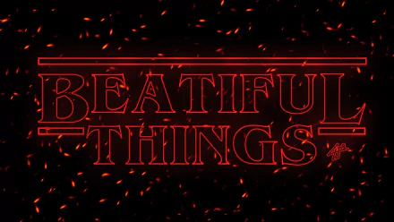 HD PC desktop wallpaper featuring a bold red Beautiful Things logo styled like the Stranger Things TV show title on a black background with glowing red sparks.