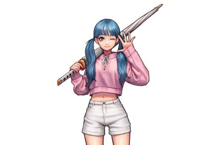 Anime-style original character with blue twin-tail hair, wearing a pink cropped hoodie and white shorts, holding a katana, designed as an HD PC desktop wallpaper.