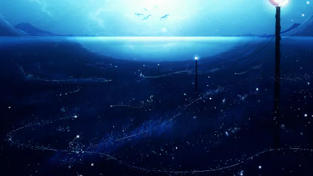 Fantasy-themed original anime HD wallpaper depicting a serene, moonlit landscape with glowing street lamps and a luminous horizon over calm waters.