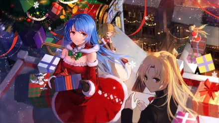 An HD desktop wallpaper featuring Illustrious, Helena, Eldridge, and Cleveland from Azur Lane, showcasing a festive Christmas scene with presents and Christmas decorations in an anime art style.