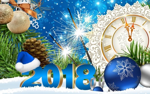 Holiday New Year 2018 New Year Santa Hat Blue Silver Snow Clock HD Wallpaper | Background Image