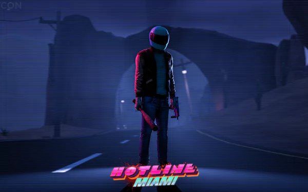 4K Ultra HD desktop wallpaper featuring a character from the video game Hotline Miami, standing on a dimly lit road with neon accents and a retro aesthetic.