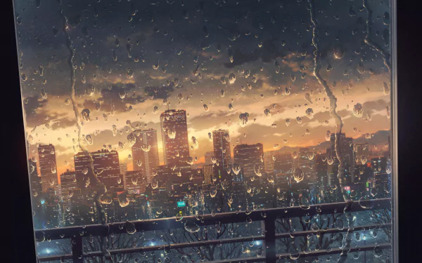 Anime-style cityscape with rain-drenched window, viewed from a balcony at sunset. HD desktop wallpaper.