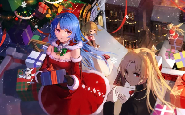 An HD desktop wallpaper featuring Illustrious, Helena, Eldridge, and Cleveland from Azur Lane, showcasing a festive Christmas scene with presents and Christmas decorations in an anime art style.