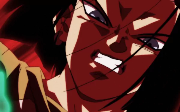 HD wallpaper featuring Android 17 from Dragon Ball Super, showcasing an intense expression with a vibrant, anime-style background.