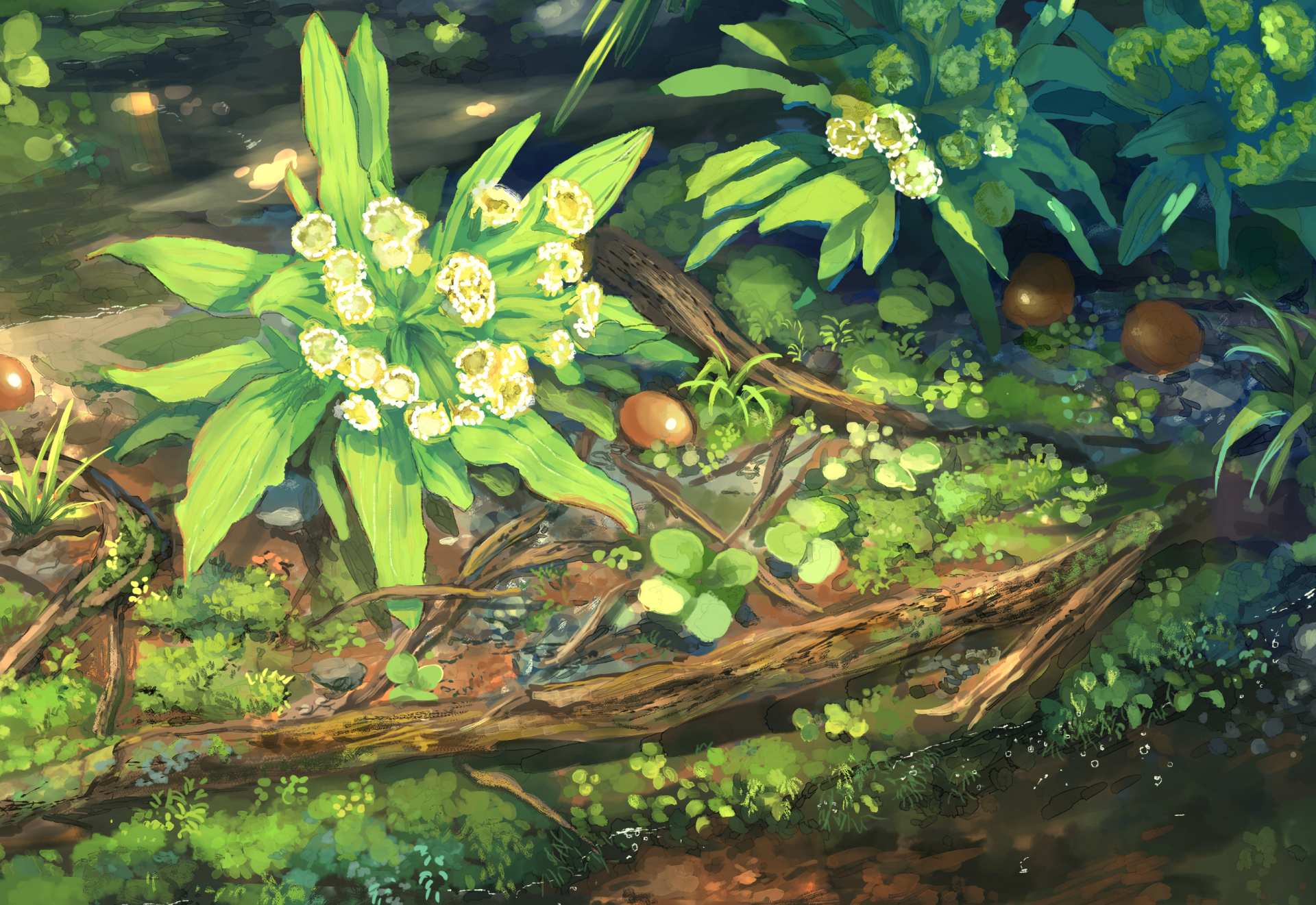 HD anime-style wallpaper featuring a lush, detailed forest scene with flowering plants, overgrown branches and scattered fruits.