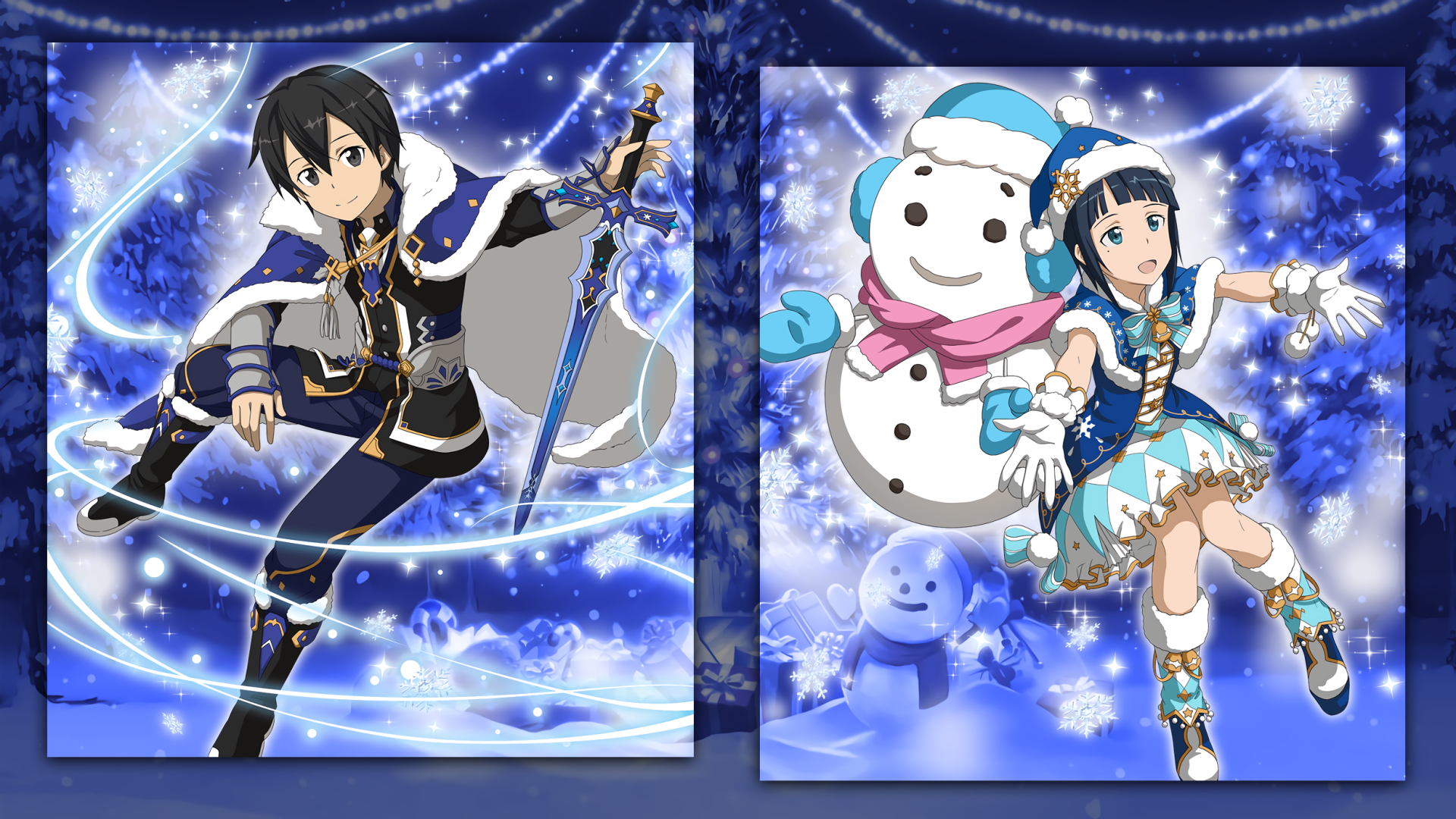 HD PC wallpaper: Kirito (Sword Art Online) in a winter outfit with sword amid swirling snow; beside a Sword Art Online: Memory Defrag panel of an anime girl and a snowman on a blue snowy background.