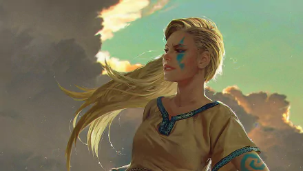 HD PC desktop wallpaper featuring a blonde female character illustrated in fantasy style from the video game Gwent: The Witcher Card Game.