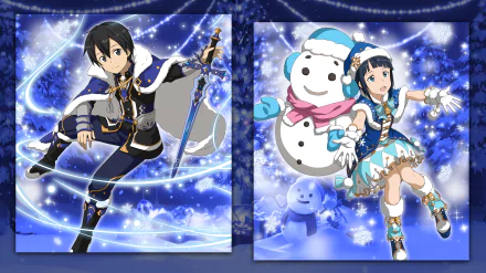 HD PC wallpaper: Kirito (Sword Art Online) in a winter outfit with sword amid swirling snow; beside a Sword Art Online: Memory Defrag panel of an anime girl and a snowman on a blue snowy background.