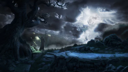 Dark fantasy HD PC desktop wallpaper depicting a moonlit, eerie landscape with twisted trees, rocky terrain, and a cloaked figure under a cloudy night sky.
