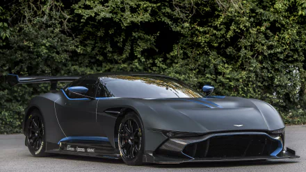 A sleek black Aston Martin Vulcan supercar with blue accents parked in front of dense greenery, shown in stunning 4K Ultra HD as a PC desktop wallpaper.