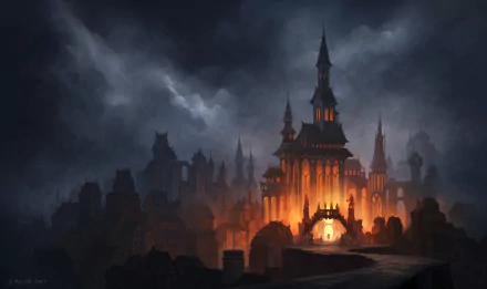 A dark fantasy HD wallpaper featuring a gothic castle illuminated by fire amidst cloudy skies, creating a haunting atmosphere.