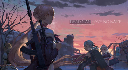 HD desktop wallpaper featuring characters from the video game Girls Frontline, including SVD, Spas 12, OTs-14, and G36C, set against a dramatic sunset in a post-apocalyptic scene.