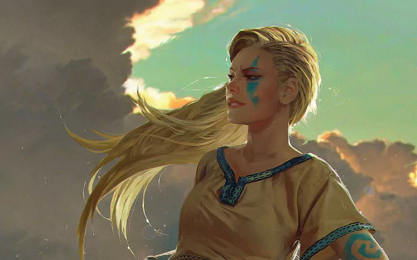 HD PC desktop wallpaper featuring a blonde female character illustrated in fantasy style from the video game Gwent: The Witcher Card Game.
