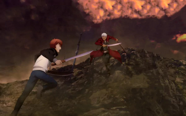 4K Ultra HD wallpaper featuring Archer and Shirou Emiya in an intense battle scene from Fate/Stay Night: Unlimited Blade Works anime.