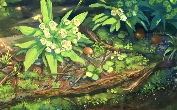 HD anime-style wallpaper featuring a lush, detailed forest scene with flowering plants, overgrown branches and scattered fruits.