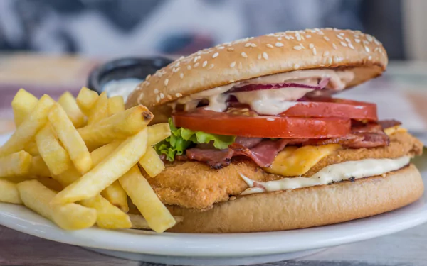 HD desktop wallpaper featuring a burger sandwich with lettuce, tomato, cheese, and bacon, served with a side of golden French fries as a delicious lunch meal.
