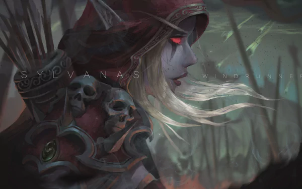 A dramatic HD wallpaper featuring Sylvanas Windrunner from Warcraft, showcasing her striking profile against a dark, atmospheric background filled with ethereal elements.