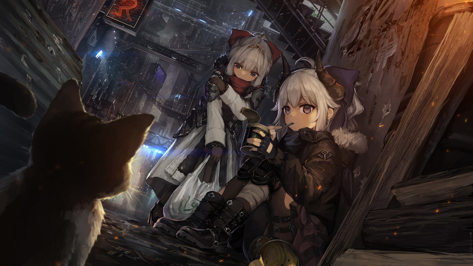 HD wallpaper featuring two anime characters in winter clothing sitting in an alley with a cat in the foreground. The detailed, original artwork captures a cozy yet mysterious urban setting.