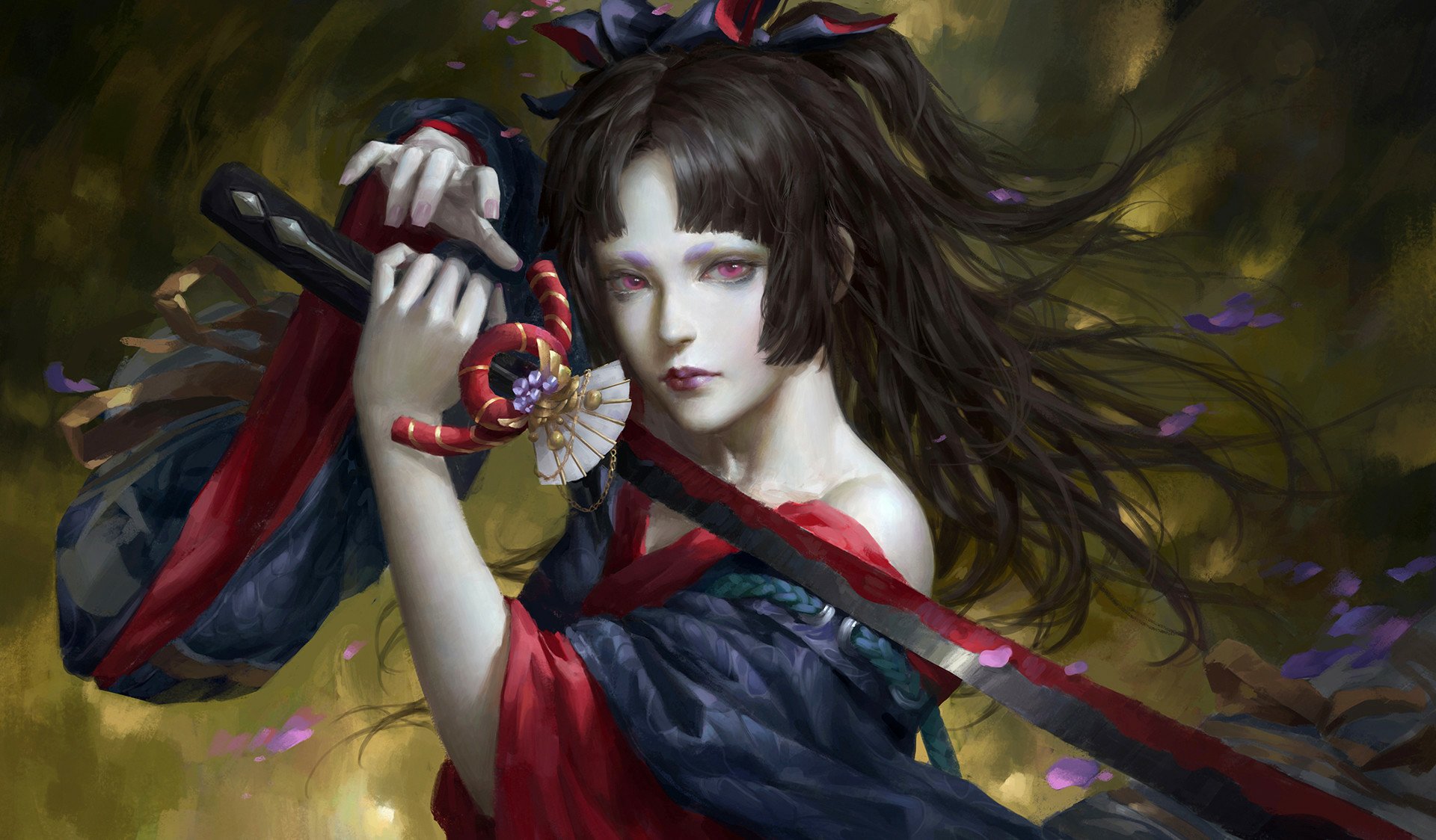 Anime-style HD desktop wallpaper featuring a woman warrior from Onmyoji, gripping a sword with intense focus and flowing dark hair amidst dynamic, swirling colors.