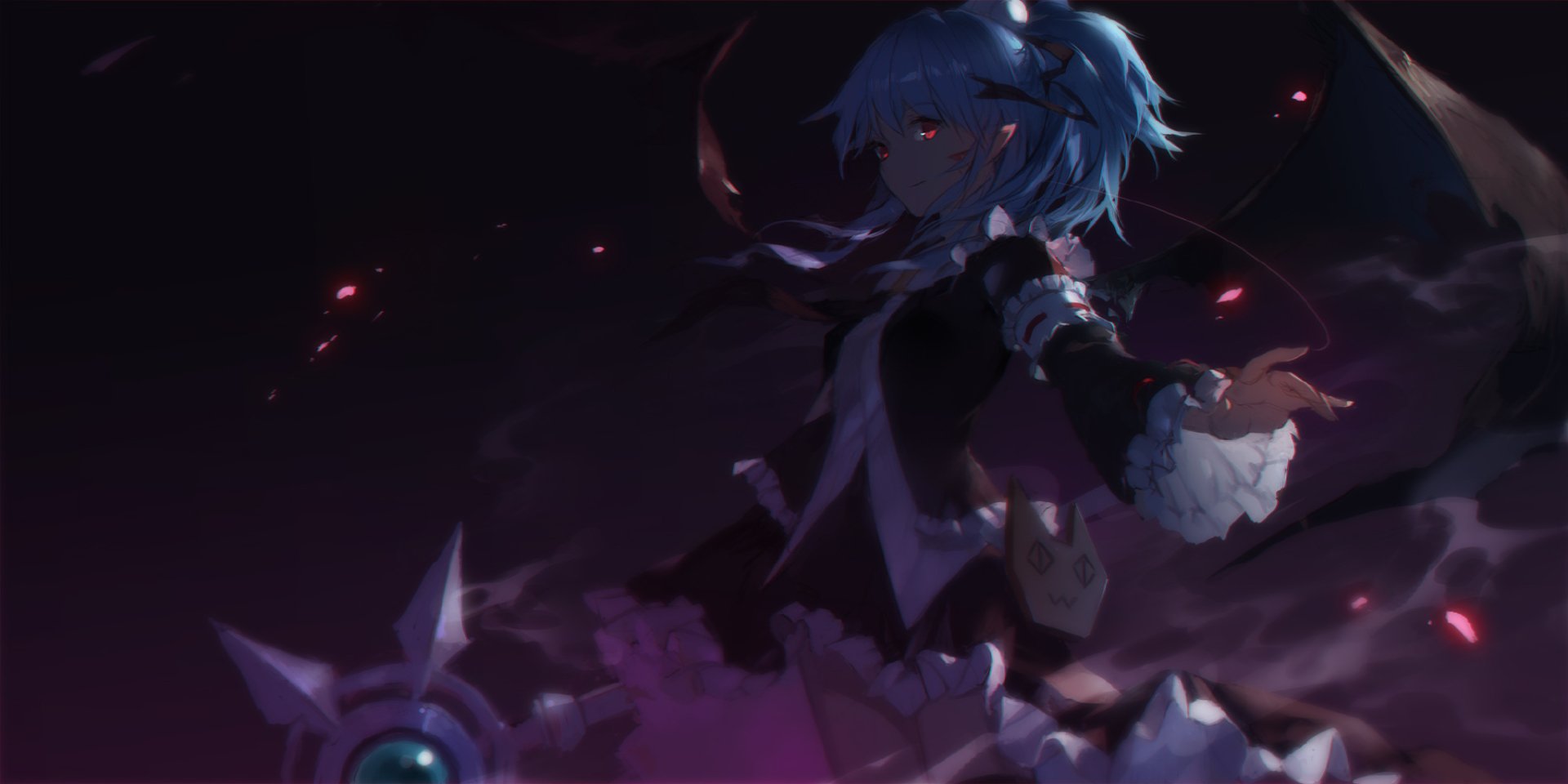 HD desktop wallpaper featuring an anime girl with blue hair and glowing red eyes, surrounded by dark, mystical elements.