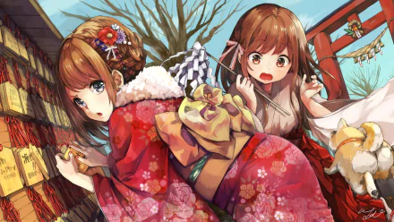 Anime-style original 4K Ultra HD PC wallpaper featuring two girls in traditional Japanese attire with vibrant colors and intricate details.