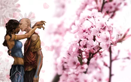 HD wallpaper featuring characters Katara and Aang from Avatar: The Last Airbender anime series standing close with a backdrop of blooming pink cherry blossoms.