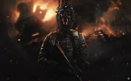 A sci-fi warrior stands amidst fiery destruction, shrouded in shadows with a futuristic mask and weapon, captured in a dramatic HD PC desktop wallpaper background.