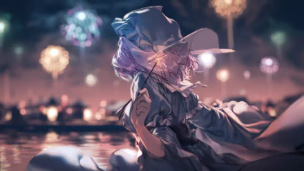 A serene HD desktop wallpaper featuring Yuyuko Saigyouji from the anime Touhou, set against a backdrop of colorful fireworks reflecting on water.
