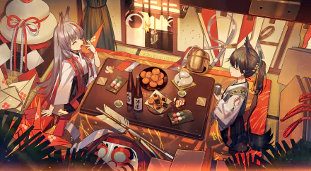 HD PC desktop wallpaper featuring Amikaze and Matsukaze from Azur Lane in an anime-style cozy room setting with traditional Japanese decor and snacks.