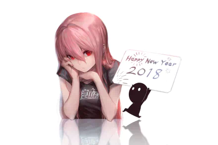 HD desktop wallpaper featuring original anime art of a character with pink hair and red eyes, holding a Happy New Year 2018 sign.