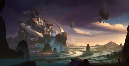 HD PC desktop wallpaper — fantasy landscape featuring a towering castle on rocky terraces, winding rivers, misty islands, and a dramatic twilight sky.